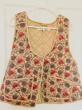 Free People Quilted Vest in Beige with Black Stitching